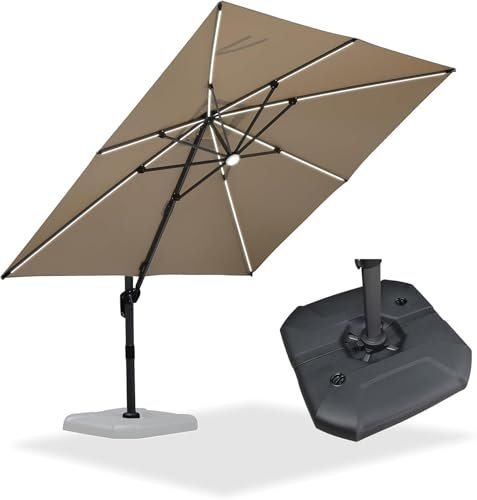 PURPLE LEAF Parasol Déporté 3 × 3 m LED Solaire avec Pied Lourd, Parasol de Jardin Extérieur 240 g/m² Toile avec UV50+ Protection, Conception Manivelle, Inclinable et Rotative, Beige