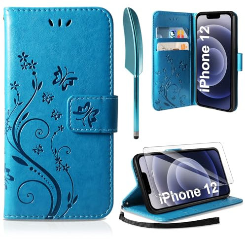 AROYI Lederhülle Kompatibel mit iPhone 12/12 Pro Hülle und Schutzfolie, Flip Wallet Handyhülle PU Leder Case Kartensteckplätzen Schutzhülle Kompatibel mit iPhone 12/12 Pro Blau
