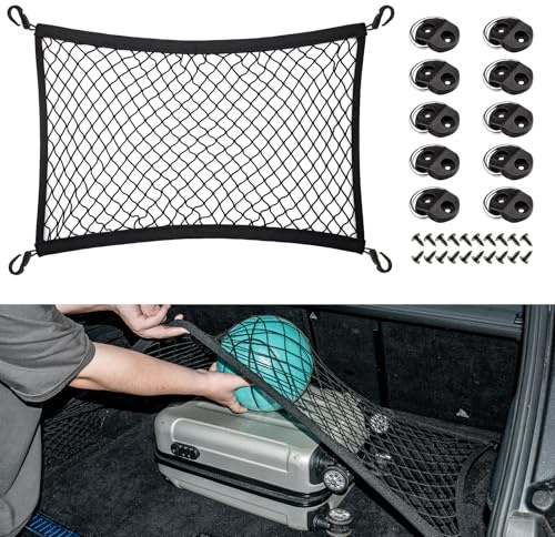 VEHIRIE Gepäcknetz Kofferraum Netz Organizer, Universal 70 x 50 cm Elastisch Auto Kofferraumnetz, Gepäckschutznetz, ladungssicherungsnetz und 10 Stück D Aufbauring Zurröse