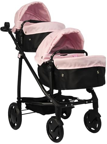 Dolly Tots Pinkfarbener Zwillings-Puppenwagen | Rosa & Schwarzer Doppel-Puppenbuggy | Doppelter Puppenwagen mit höhenverstellbarem Schiebegriff und Mehreren Sitzoptionen | Geeignet ab 3 Jahren
