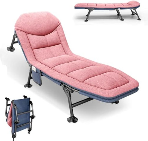AlpineAura Lit de camp pliable avec poche latérale - Chaise longue de camping avec dossier réglable en 5 positions - Lit pliant pour l'extérieur et l'intérieur - 190 x 65 cm (rose)