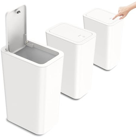 3 Pack Bedroom Bin,10L Slim Bathroom Bin with Lid,Push Button Plastic Waste Bin for Bathroom Anti-Odour,Plastic Thin Trash Can for Office,Living Room,Kitchen,Toilet (White)