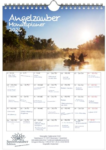 Angelzauber Planer DIN A4 Kalender für 2026 angeln und fischen - Geschenkset Inhalt: 1x Kalender, 1x Weihnachtsanhänger (insgesamt 2 Teile)
