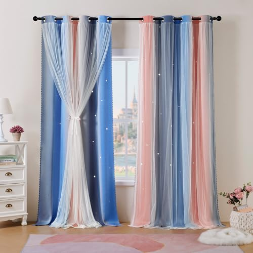 Best Baisite Gardinen Kinderzimmer 2er Set Verdunklungsvorhänge H 200 X B 132cm Doppellagige Vorhänge mit Hohlen Sternen Kinder Mädchen Baby Ösenschal Ösenvorhange Dekoration