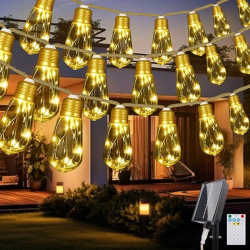 Acxilexy Solaire Guirlandes Lumineuses Extérieur, 11.5M 160LEDs Corde de Chanvre Guirlande Lumineuse avec 20 Ampoules Incassable, Télécommande 19 Modes Étanche Lumineuse pour Noël Jardins Cours
