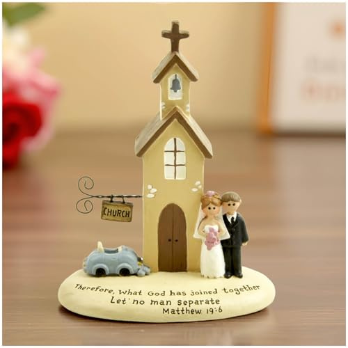 PlentifulHome Bride and Groom Figurine Wedding Gift – Resin Newlywed Couple Ornament in Front of Chapel with Scripture Base, Romantic Decoration for Wedding Cake Table or Keepsake Display