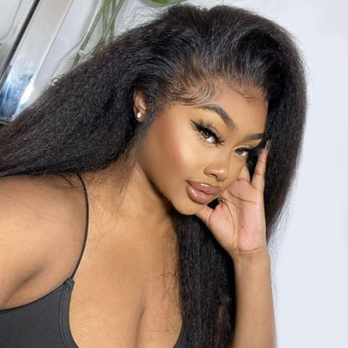 Kinky Straight Half Wig Human Hair 180% Density Seamless Flip Over Yaki Glueless Wigs Human Hair 3 In 1 Invisible Hairline Beginner Friendly Human Hair Wigs for Women 16 Inch