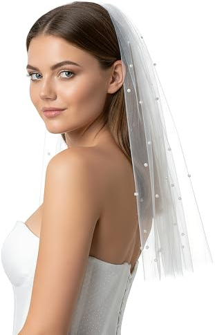Aohyue Brautschleier mit Perlen, Elegent Brautschleier Damen 60 cm, Weiß Einzelner Tüll Hochzeitsschleier, für Junggesellinnenabschied der Braut, Hochzeitskleid & Brautkleider Kurz mit Kamm