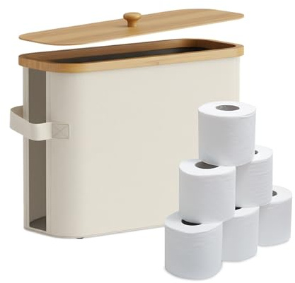 Portarotoli Relaxdays, 12 Rotoli, HxLxP: 33 x 45 x 16 cm, Tessuto, bambù, Porta Carta igienica, riserva, Beige