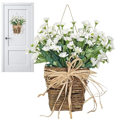 Spring Wreath for Front Door Floral Hanging Basket Garland with Artificial Daisies for Spring Home Decor