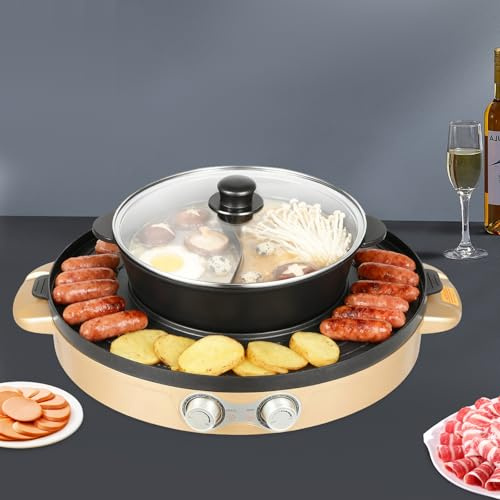 Hot Pot Elektrisch, 2200W Elektrischer Kochtopf mit Grill und Trennwand, Multifunktions 2 Seiten Antihaft Suppentopf & BBQ Tischgrill, 2-in-1 Geteilte Pfanne für 2-8 Personen, Rot, 52×18.5cm (Gold)