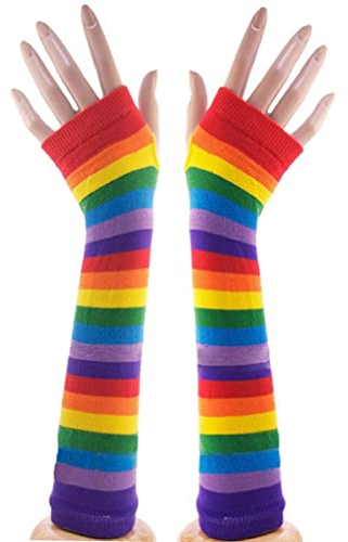 OULII Regenbogen Handschuh Karnevalskostüm Regenbogen Streifen Arm Warmer Strick Halbhandschuhe für Party Halloween Festival Weihnachtskostüme