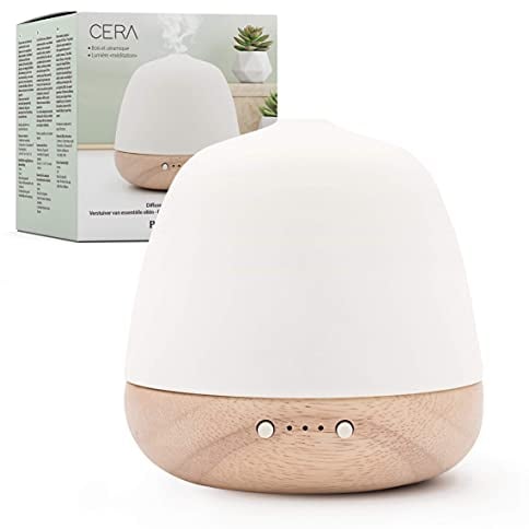 Pranarôm - Diffuseur Cera Ultrasonique - Huiles Essentielles - Bois & Céramique - Lumière d'Ambiance - Relaxation & Méditation - Réservoir 180 ML