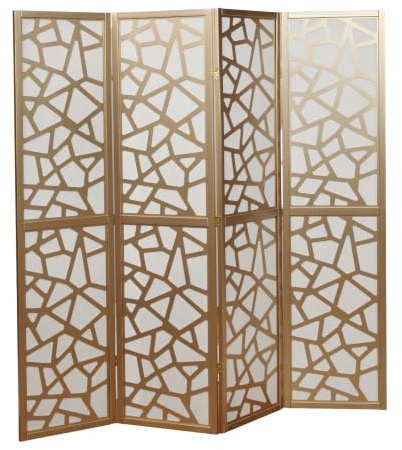 Roundhill Furniture Giyano 4 Panel Screen Room Divider, White Screen with Gold Frame