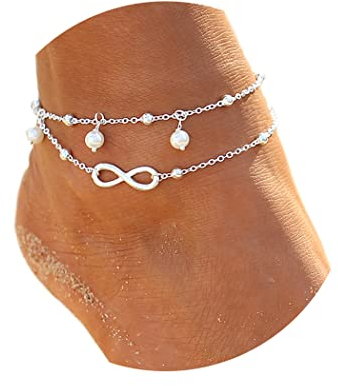 Ushiny Boho Ewig Fußkette für Damen Silber Sommerstrand Perlen Fussketten Perle Fußkettchen