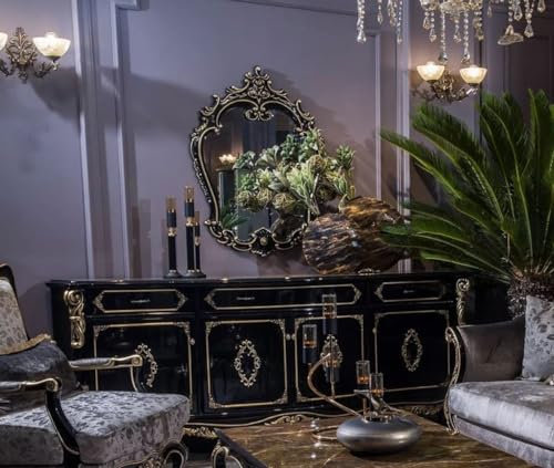 Casa Padrino Luxus Barock Möbel Set Sideboard mit Spiegel Schwarz/Gold - Prunkvoller Massivholz Schrank mit elegantem Wandspiegel - Möbel im Barockstil