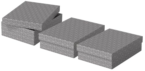 Esselte Set di 3 Contenitori Medi con Coperchio in Cartone Riciclato e Riciclabile al 100%, Ottimali per lo Stoccaggio o come Confezione Regalo, Design Geometrico, 265 mm x 100 mm x 360 mm, Grigio