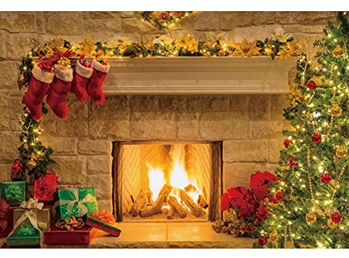 Renaiss 2.2x1.5m Weihnachten Foto Hintergrund Kamin Interieur Vintage Weihnachtsbaum Strümpfe Fotografie Hintergrund Kinder Portrait Photobooth Weihnachten Party Dekorationen Fotostudio Requisiten