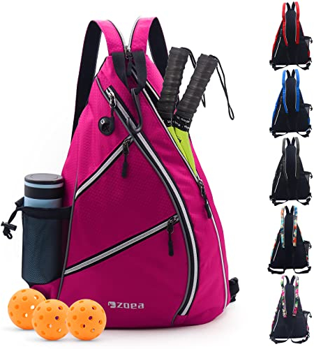 ZOEA Pickleball Tasche, Sport Pickleball Sling Bag für Damen Mann, Verstellbarer Pickleball-Rucksack mit Wasserflaschenhalter, passend für 4 Paddel und alle Ihre andere Ausrüstung (Rose Red)
