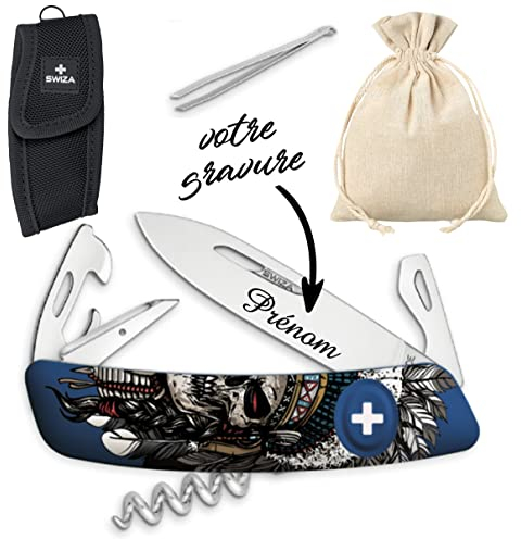 Véritable Couteau Suisse personnalisé - Gravé avec le prénom de votre choix - Couteau multifonctions fabriqué en Suisse - Cadeau Homme femme ou adolescent, Fête des pères, anniversaire Noël Sk.Bleu