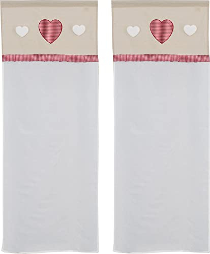 HOME ZEN HOUSEHOLD LINEN coppia di tendine a vetro da cucina art orleans shabby tessutto effetto lino seta in poliestere con mantovana scozzese e tre cuori applicati mis 60x240cm dis ricciolo rosso
