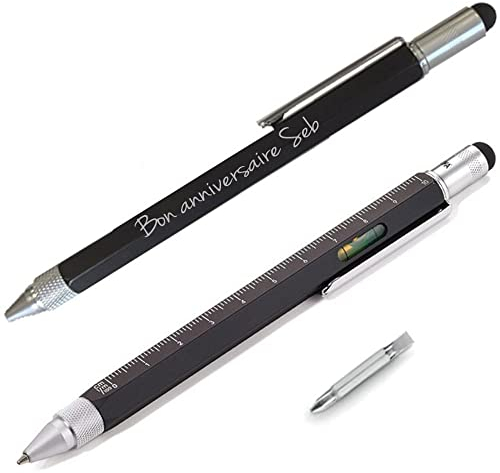 Ocadeau Personalisierbarer Multifunktions-Kugelschreiber mit verschiedenen Werkzeugen und Gravur - Schwarzer Kugelschreiber mit Textgravur und mehreren Werkzeugen