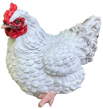 Aspinaworld Gartenfigur Huhn 19 cm weiß sitzend mit rosa Füßen – sanfte Hühnerfigur handbemalt mit rotem Kamm, Bauernhof Tierfigur Kunstharz für draußen
