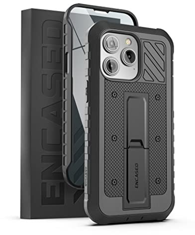 Encased Pantera Armor Designed for iPhone 14 Pro Max Case with Built-in Screen Protector - Ultra Rugged [MIL-Spec] Shockproof Full-Body Cover with Kickstand (Black)