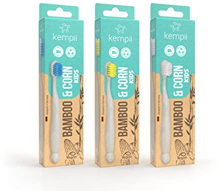 Kempii Bambus & Mais Zahnbürste für Kinder (3-8 Jahre) Set 3er-Pack, Soft, Handzahnbürste mit schonend weichen Borsten, 3 Stück