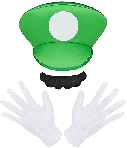 Aomig Kostüm Zubehör Mütze, Faschingkostüme Hüte mit Schnurrbärte Handschuhe, Super-Brüder Kostüm Hut Cap für Karneval Halloween Rollenspiel für Kinder Junge Mädchen(Grün)