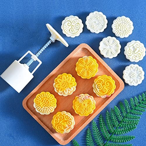 Prensa de molde Mooncake con 6 sellos,Lucky flores redondas molde de prensa de pastel 50g Mooncake Molde Mano Prensa Galletas cortador de galletas herramientas de decoración para hornear,Galletas