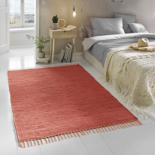 TacaHome Flicken-Teppich 100% Baumwolle I Waschbarer Fleckerl mit Fransen I Esszimmer Küche Badezimmer Wohnzimmer Kinderzimmer | 120 x 180 cm Rot