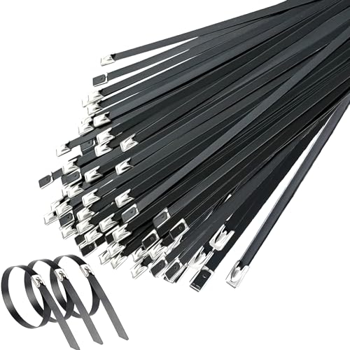 Kabelbinder Edelstahl Schwarz 300MM, Stahl Kabelbinder Schwarz 50 Stück, Deecam Stahlkabelbinder für Hitzeschutzband Auspuff, Kabelbündelung, Gartenpflege, Fester Zaun und Markise