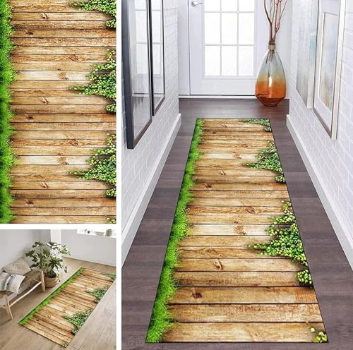 ZDYHMrj Läufer Teppich Lang Flur rutschfest Waschbar 40X60CM Küche Korridor TeppichLäufer für Flur 3D Holzmaserung Schlafzimmer Wohnzimmer Polyester Teppichmatte Dauerhaft, Anpassbar Küchenteppich
