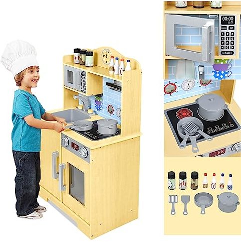 JOIEYOU Spielküchen Kinder, Kleinkinder Küche, Kinderküche aus Holz mit Mikrowellenofen, Waschmaschine, Wasserbecken, Gewürzflaschen, Küchengeräte, 56x28.5x92cm, Typ B