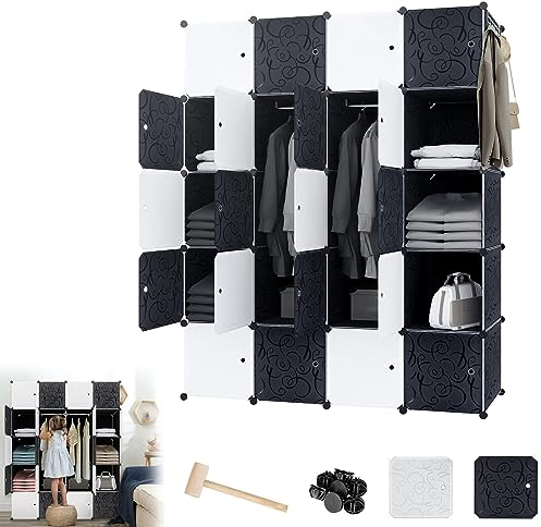 LZQ Kleiderschrank Mehrzweckschrank DIY Regalsystem Schrank, Kunststoff Garderobenschrank Schlafzimmerschrank mit Tür, Steckregal Aufbewahrung Staubdicht mit 20 Würfeln und Kleiderstange