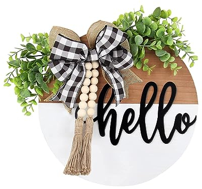 Hello Home Sign for Front Door, Farmhouse Front Porch Hello Door Sign Decorations Wood Wreaths for Holiday Halloween Christmas, Hanging Door Decor Spring Summer Fall Winter Indoor Outdoor