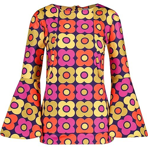Madcap England Women's Retro 60s 70s Flared Bell Sleeve Printed Top Shirt Blouse Stargaze MC1016 (UK, Numeric, 10, Regular, Regular, Purple/Multi Retro Daisy)