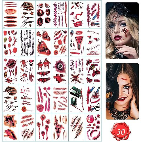 Halloween Scar Tattoos 30 Sheets Halloween scar tattoos Stickers with Fake Scab Blood,zombie tattoo,halloween scar makeup,halloween face stickers Zombie Fake Injury Wound for Halloween Costume