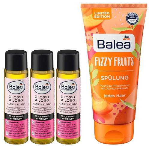 Balea 4er-Set Haarpflege: Professional Haaröl Elixier GLOSSY & LONG Pflege Glanz für langes geschädigtes Haar (3 x 20 ml) + Haarspülung FIZZY FRUITS Aprikosenkernöl, Provitamin B5 (200 ml), 260 ml
