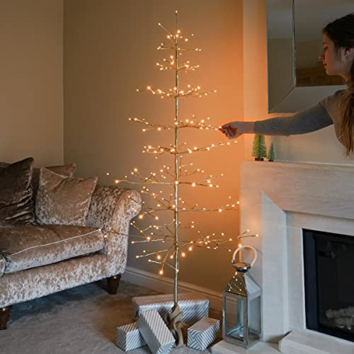 Festive Lights - 6ft 1.8m Pre-Lit Champagne Gold Mains Powered Plug in Christmas Twig Tree - Warm White LEDs with Bendable Twigs - Indoor Seasonal Decor Lighting
