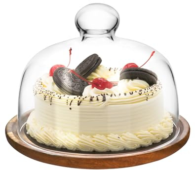 QWORK Glass Dome Cloche with Acacia Wood Tray – 7 Cover for Cakes, Cheese & Table Display