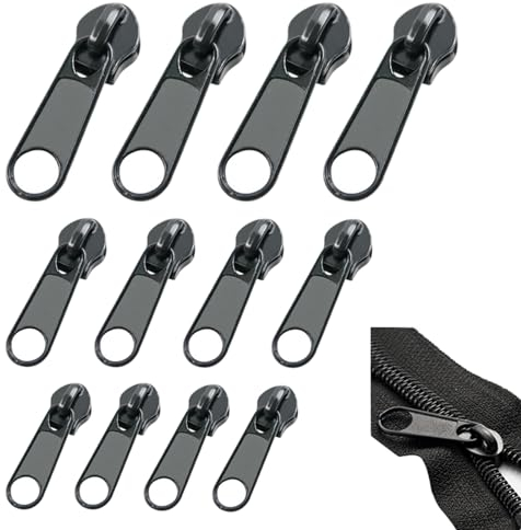 Ryaupy 12PCS Metall Reißverschluss Schieber Ersatz, Universal Instant Repair Zipper - Öffnen und Abnehmbare Reißverschluss-Zieher Für Jacken Taschen Zelte Gepäck Schlafsack(3 Größen; Schwarz)