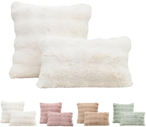 Tospass 2er Set Kissenbezug 40x40 cm Weiß Künstlich Kaninchenfell Kuschelkissen Flauschig Weich Glatt Sofakissen Dekokissen, Deko Wohnzimmer Zierkissen Couchkissen mit Unsichtbarer Reißverschluss