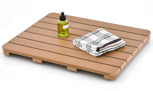 GOPLUS Caillebotis de Douche Antidérapant, Tapis de Bain Douche en HIPS pour Intérieur et Extérieur, Tapis de Sol avec Design à Lattes pour Baignoire, Piscine (60x48x4,5cm, Naturel)