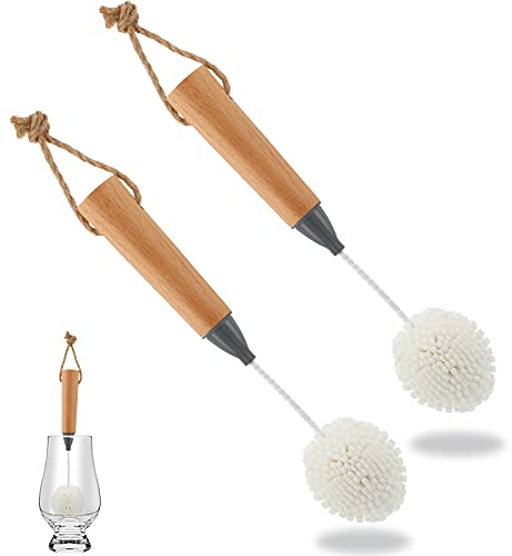 Diyfixlcd 2PCS Wine Glass Cleaning Brush Flute and Stemware Brush Non Scratch Foam Bristle Brush with Wooden Handles for Champagne Flutes Glassware Drinking Cleaner Tool