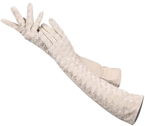 Mode Accessoires Lange Lederhandschuhe Schaffell Lange Spitzenhandschuhe Bankett Damen Lederhandschuhe, beige, 7.5