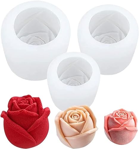 3Pcs Rose Flower Silicone Molds Set, 3D Rose Flower Silicone Molds,DIY Valentine's Day Silicone Mold,Soap Silicone Moulds for Cake Decoration Candle Baking Craft Chocolate Handmade Candy Making