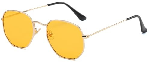 JCTAIFOO Mode Polygon Sonnenbrille für Herren und Damen Leichter Sechseckiger Metallrahmen UV400 Schutz Brille Gold/Orange