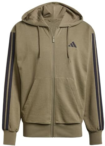 adidas Men's Essential Three Stripes French Terry Fullzip Hoodie, Olive Strata/Black, S